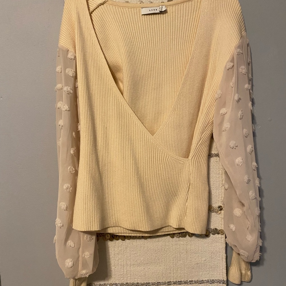 LUSH sweater top with sheer sleeves and polka dot details.
